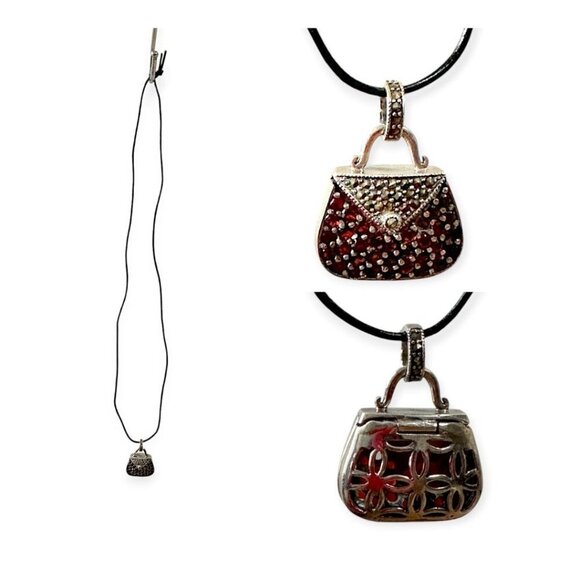 Vintage Sterling‎ Silver Red Crystal Purse Locket Pendant - Picture 1 of 10